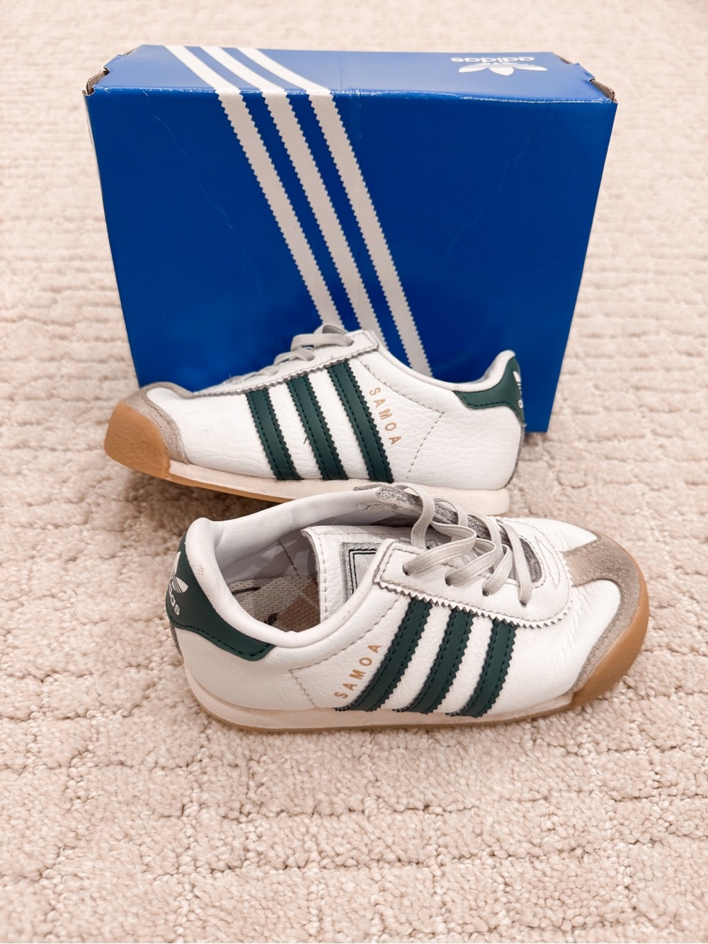 adidas Kids Samoa Sneaker in White and Green with Gum Toe